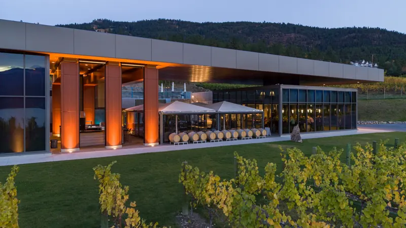 The winery lit up at dusk