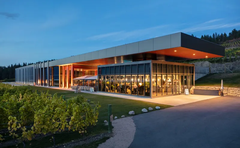 The winery building and patio in the evening